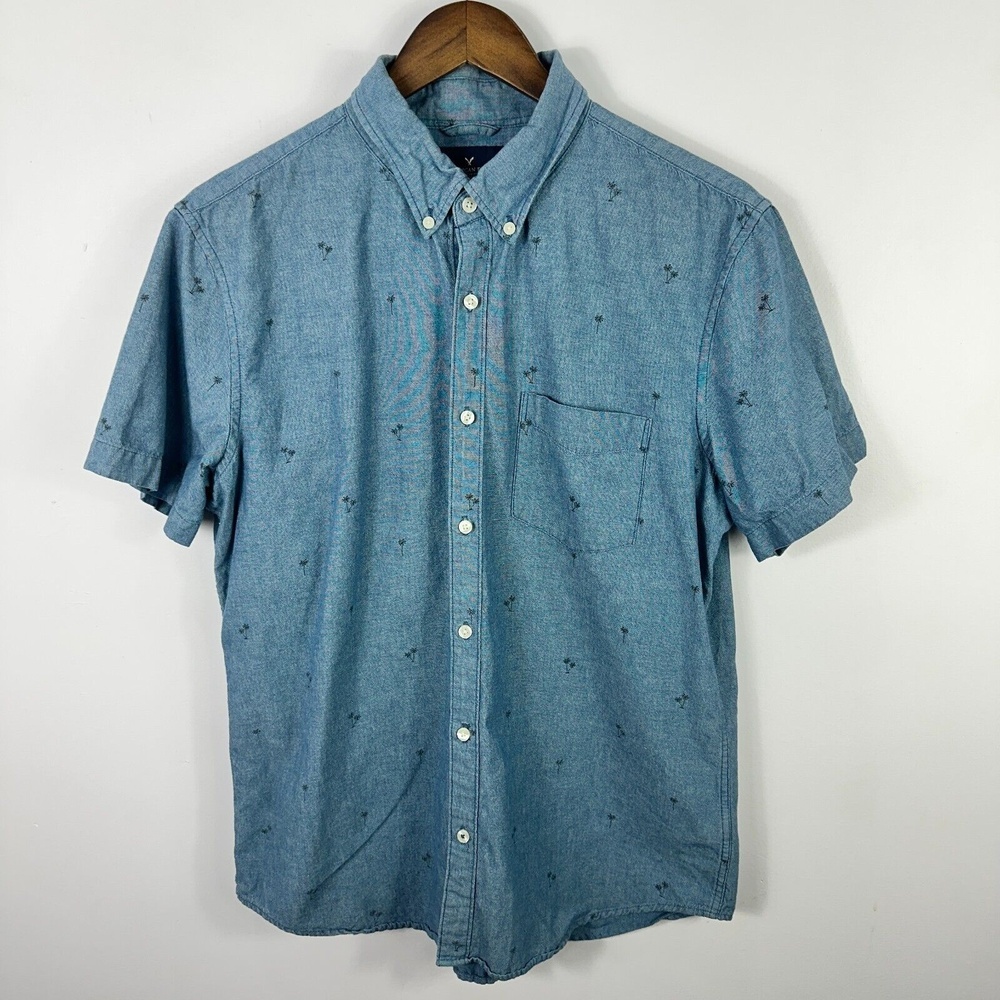 American Eagle Button Shirt Mens L Chambray Palm Print Y2K Coastal Resort Preppy